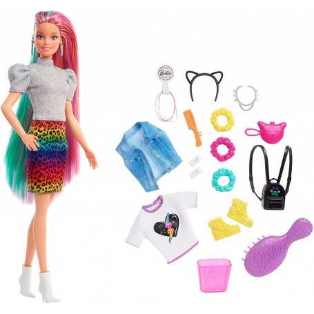 Barbie Leopard Rainbow Hair Bambola Capelli Multicolor GRN81 Mattel 3 anni+