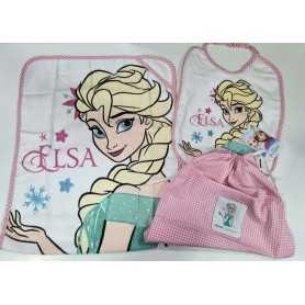 Set Asilo Frozen Elsa Rosa in Spugna con Bavagliolo, Asciugamano e Sacca W17-203 Disney