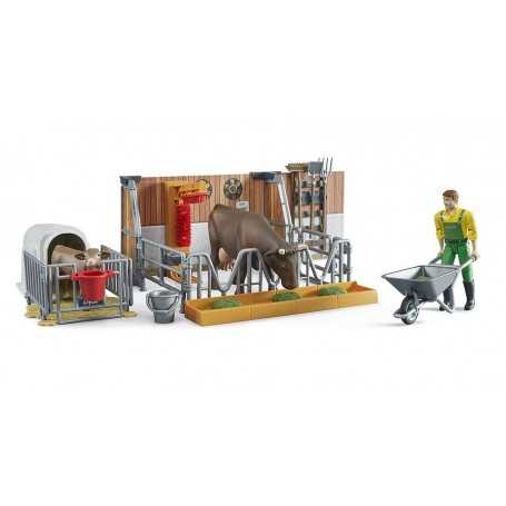Bruder 62611 Stalla per Mucca e Vitello Bworld con Agricoltore 4 Anni+