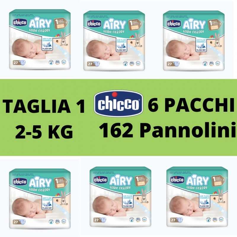 Pannolini Chicco Airy Taglia 1 Offerta Scatola 162 Pannolini 2-5 Kg Newborn  6 Pacchi da 27 Pannolini