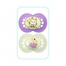Ciuccio Mam 6-16 mesi Night Silicone Femmina Confezione da 2 Ciucci Gufo-Luna