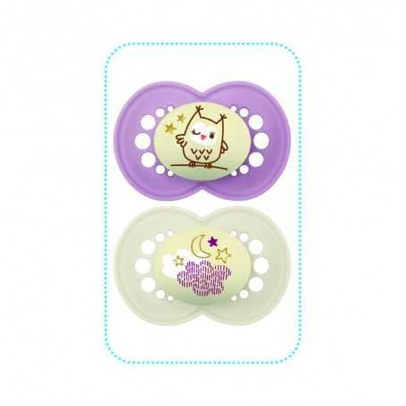 Ciuccio Mam 6-16 mesi Night Silicone Femmina Confezione da 2 Ciucci Gufo-Luna