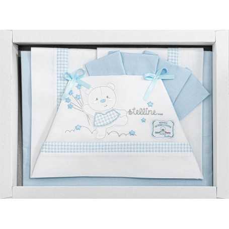 Lenzuola Carrozzina Neonato 70x40 cm Cotone Set 3 Pezzi Azzurro e Bianco  Orsetto Stelline B0200-809 Batuffolini