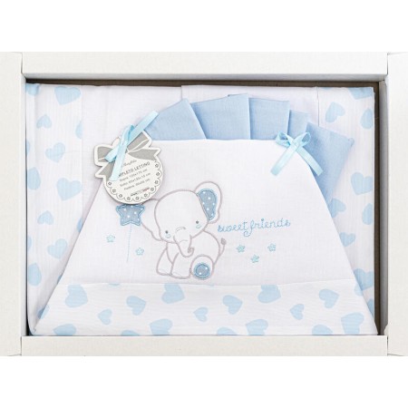 Lenzuola Lettino Neonato 60x120 cm Cotone Set 3 Pezzi Azzurro Elefante Sweet Friends B0203-797 Batuffolini
