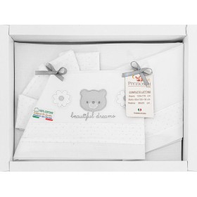Lenzuola Lettino Neonato Grigio 60x120 cm Cotone Set 3 Pezzi Orsetto Beautiful Dreams PRLL403/53 Preziosini