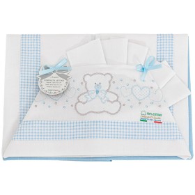 Lenzuola Lettino Neonato 60x120 cm Cotone Set 3 Pezzi Azzurro Orsetto Cuori B0203-112 Batuffolini