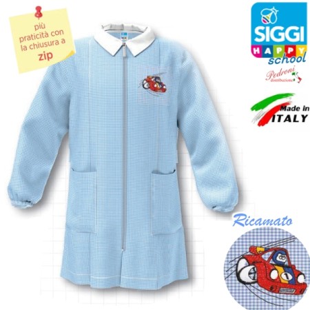 Grembiule Asilo Cerniera Siggi 4 Anni Azzurro Quadretti Bambino 104 cm tg.55 Auto da Corsa con Zip