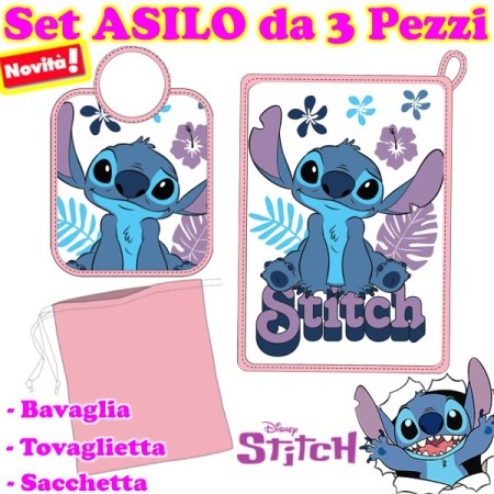 Set Asilo Stitch Disney Rosa in Spugna con Bavagliolo, Asciugamano e Sacca
