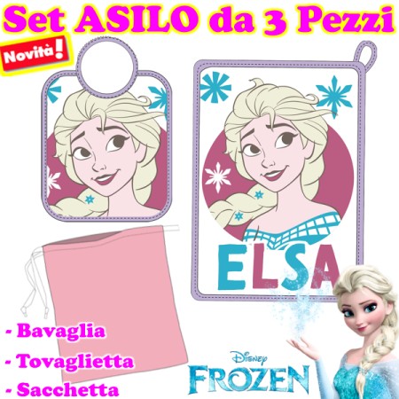Set Asilo Frozen Disney Rosa in Spugna con Bavagliolo, Asciugamano e Sacca