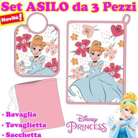Set Asilo Principesse Disney Rosa in Spugna con Bavagliolo, Asciugamano e Sacca