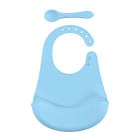 Bavaglino Silicone con Raccoglitore e Cucchiaio in Silicone Azzurro Ellepi 0 Mesi+