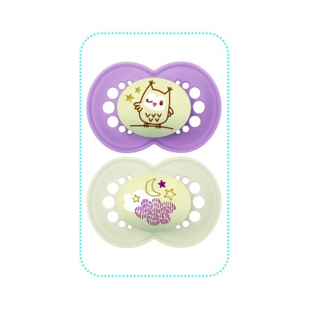 Ciuccio Mam 6 Mesi Night Silicone Femmina Confezione da 2 Ciucci Gufo-Luna